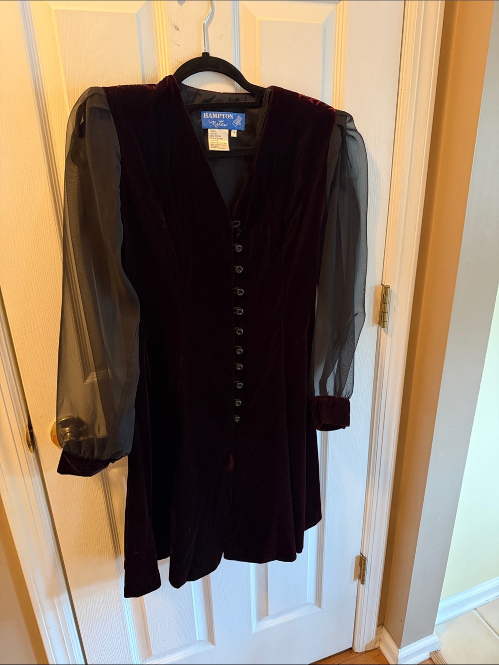 Vintage Button-Front Dress with Sheer Sleeves - Deep Burgundy